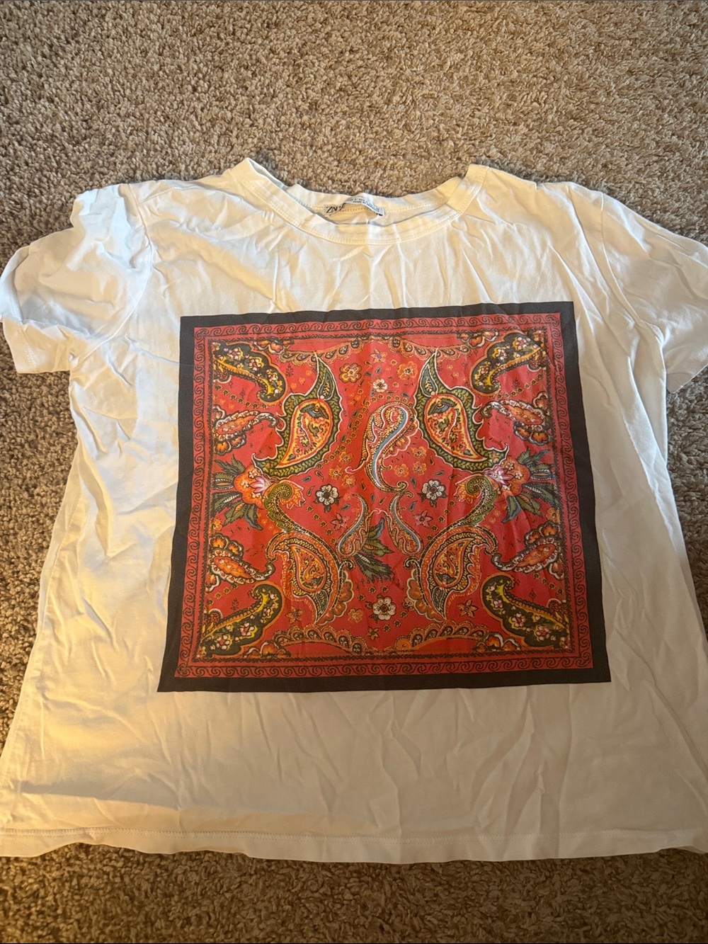 Zara White Tee with Red Paisley Square Graphic